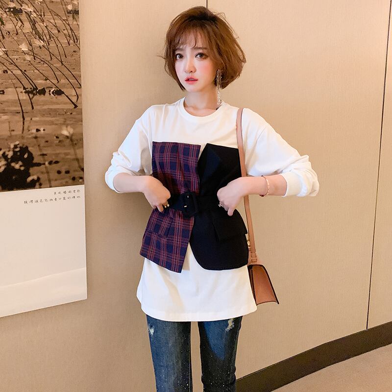 ツーピース格子柄ベルト ウェストラウンドネックセーター オータム 秋物 ハーネス Oネック ステッチ MIUCO50801640689