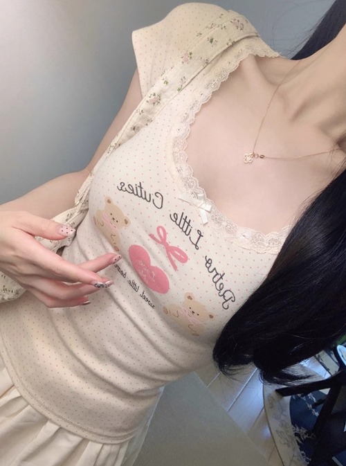 3色/レースネックドットプリントTシャツ ・78621