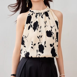 バックリボンフラワーホルターネックトップス ・76093