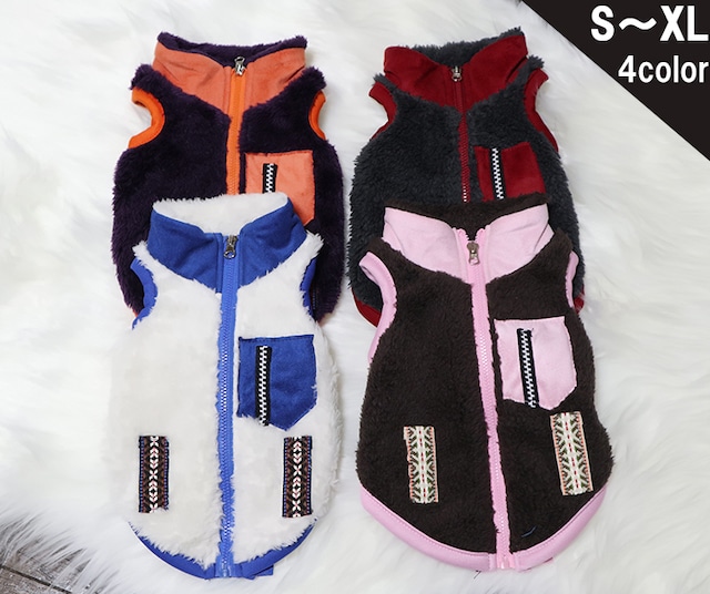 【SALE】もこもこフリースベスト S 〜 XL 4color  /  犬服 犬 VEST 袖なし ファスナー 冬 犬の服 アウター 暖かい 小型犬 中型犬 ドッグウェア