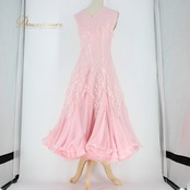 社交ダンス 衣装 スタンダード ドレス ワンピース パーティドレス オールシーズン ピンク系 レース 花柄 袖なし ノースリーブ 派手 フェミニン 華やか 上品 ふんわり広がる シルエット 二重スカート ポリエステル 109cm 42cm 35cm