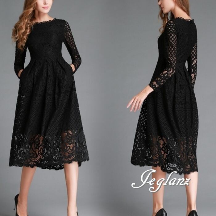 透かし彫 ワンピ ドレス 刺繍 レース ポートネック 7分袖 2色 ♪(MB532)ζ☆