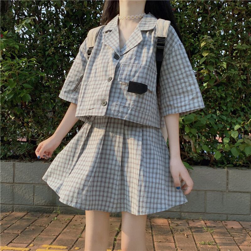 サマースタイルハイウェストウェストカラー格子柄ショートトップス プリーツスカート 夏物 萌量不足54088963045