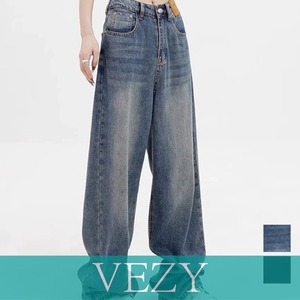 ワイドデニムパンツビンテージジーンズ美脚 レトロ風ジーパン ワイドレングス ウォッシュデニム 脚長 ストレートデニム ゆったり 色落ちジーンズ 韓国風 ボトムス VEZY ベジー  ItemNo.【23089363】