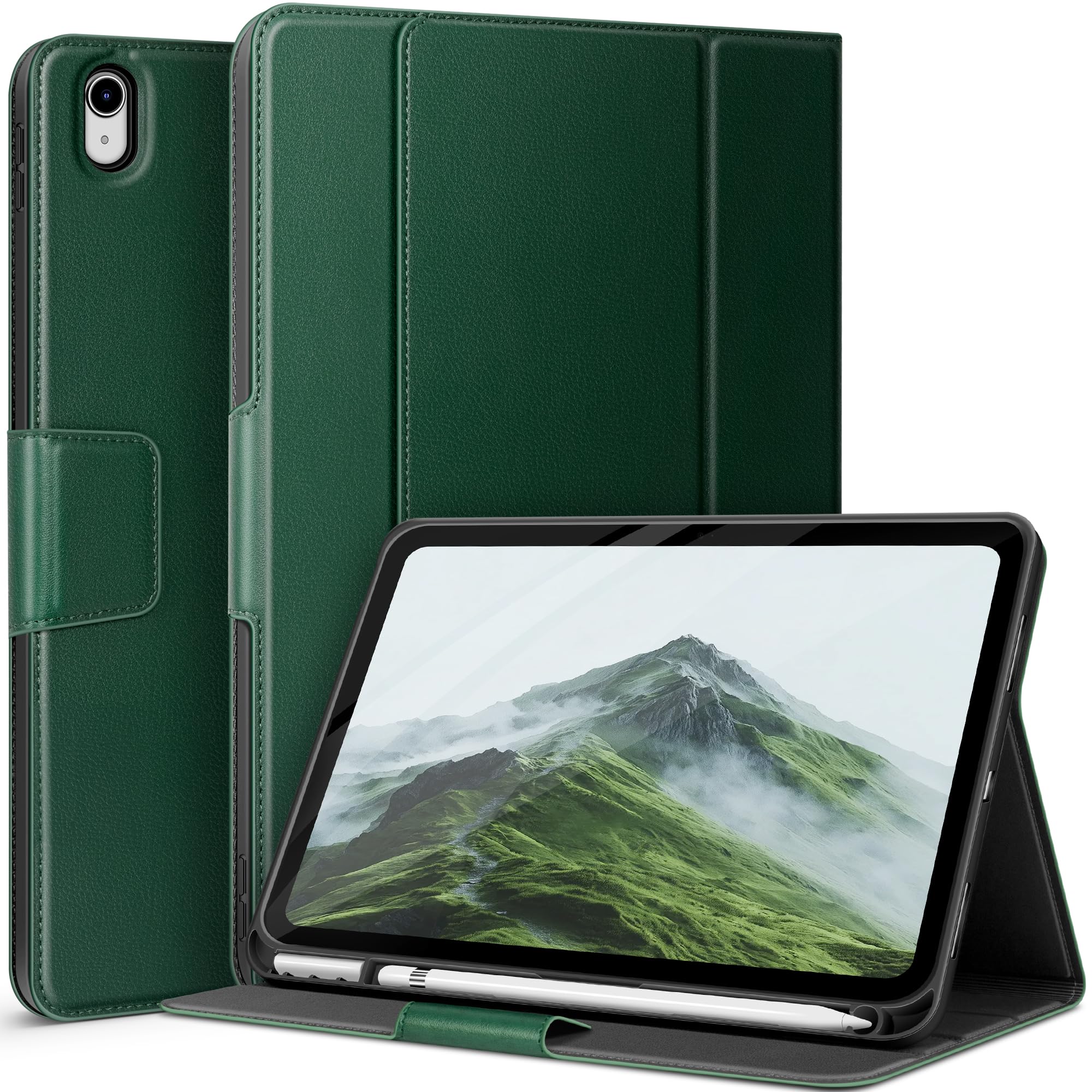 auaua iPad (A16) 第11世代 11 インチ 2025 ケース iPad 第10世代 10.9インチ ペン収納2022 専用 ペン収納 Pencil Pro/USB-C完全対応 ポケット付き 多角度スタンド マグネット開閉 オートスリープ対応 (グリーン)