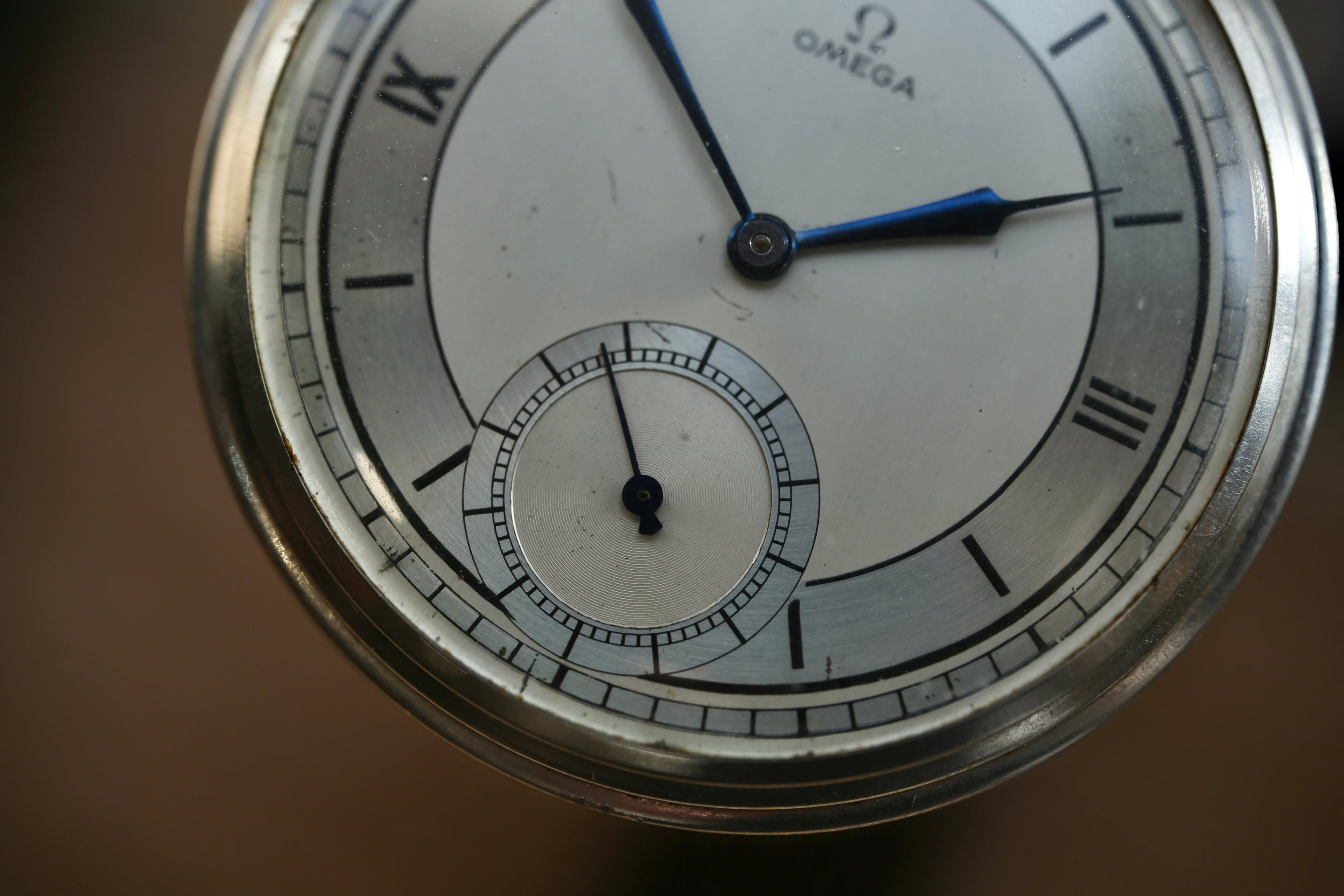 希少 オメガ 1937 ブルーインデックス 青焼き針 ステンレス 懐中時計 OMEGA】1930's オメガ 薄型懐中時計 アールデコスタイル ブルー