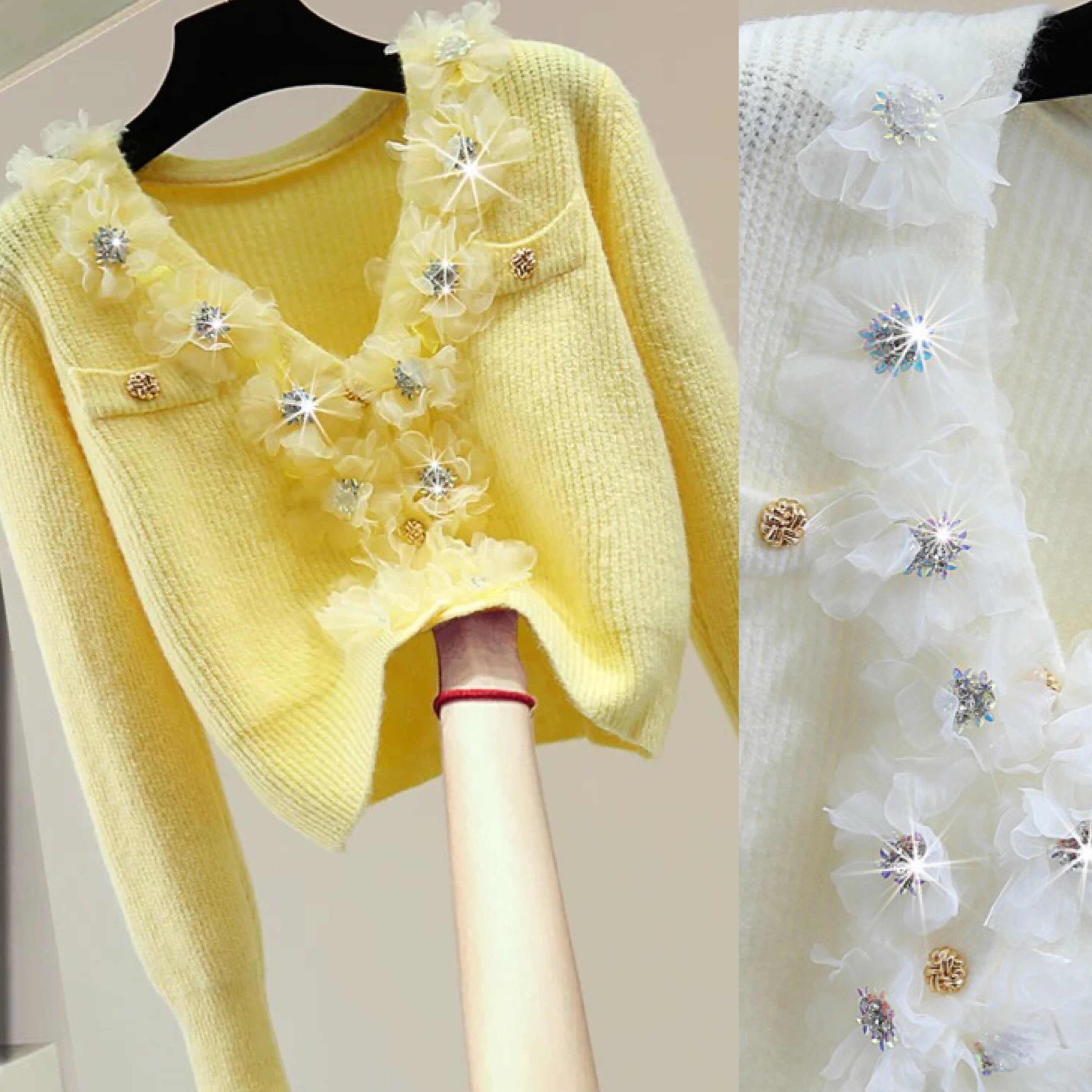 カーディガン デコレーション 黄色 白 フラワー 花柄 ラインストーン