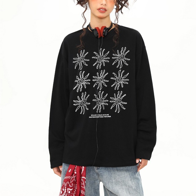 unique flower black long tee　ユニークフラワーブラックロングティー　J1542