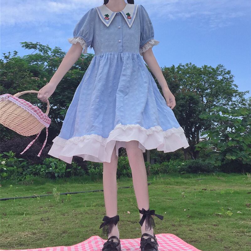 スカート スプリングカラースリーブドレス レッド 刺繍 大人ガーリー スウィート キュート カジュアル 春物 萌量不足30425725060