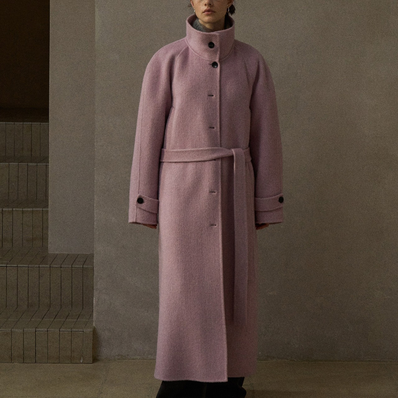 High Neck Belted Long Coat T3909