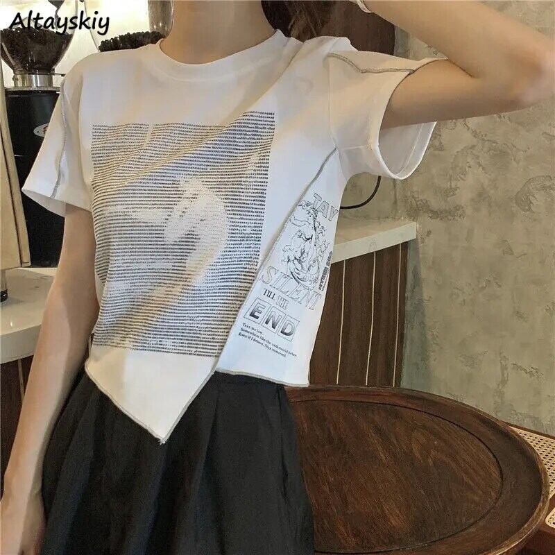 【新作】【送料無料】 女性半袖 Tシャツ非対称ルーズプリントパッチワーク原宿グラフィックストリートデザイン O ネックオル美的トップ 0325674034912