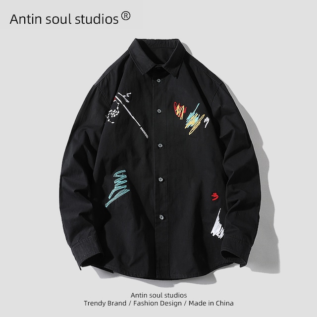 【Antin soulシリーズ】★シャツ★ 2color トップス 男女兼用 メンズ 落書き ブラック ホワイト 大きいサイズ