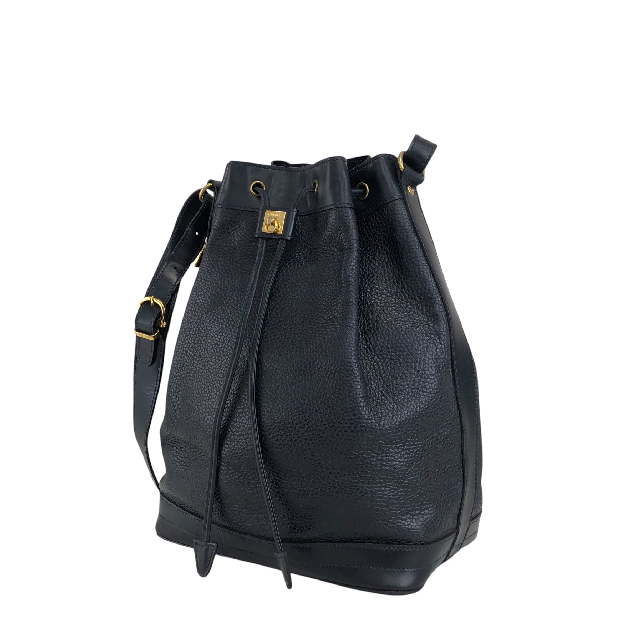 CELINE 巾着 ショルダーバッグ CELINE セリーヌ レザー 巾着 ミニバッグ ショルダーバッグ ブラック