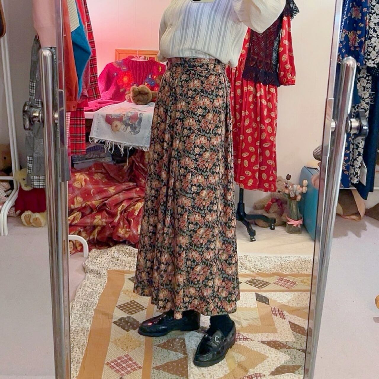 waist ribbon rose tuck flare skirt