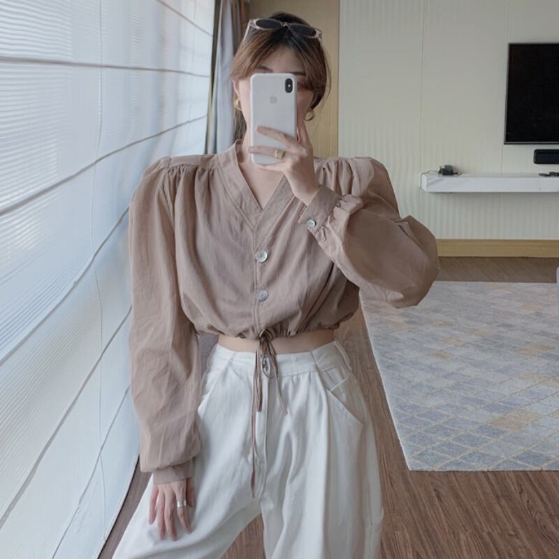 ギャザー薄手Vネックシャツ レディースサマーショートカーディガントップス ロング 夏物 ハンチェンe68162939248