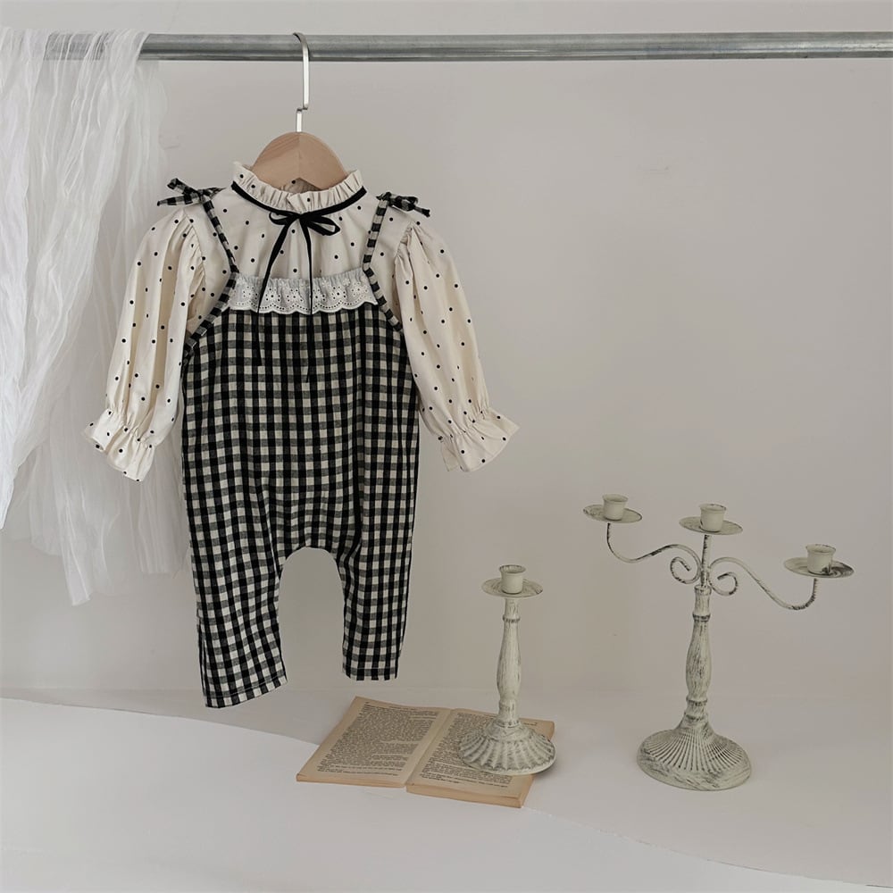 【BABY】秋新作 チェック柄サロペット ドットシャツ