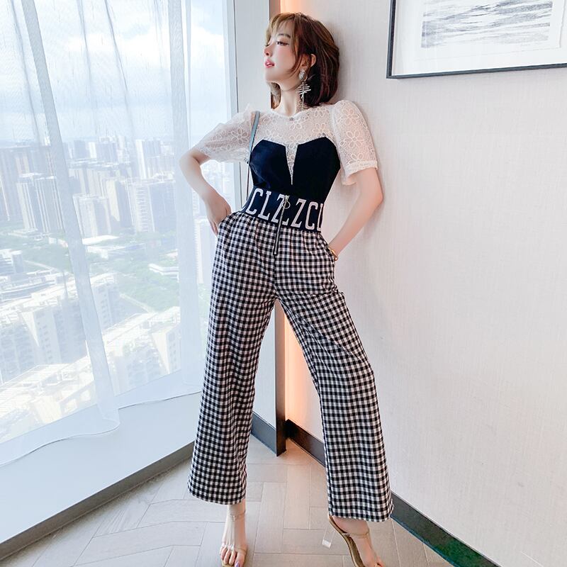 レースFlowerデザイン トップス ウェスト格子柄薄手パンツ セット サマー 夏物 フラワーデザイン ステッチ MIUCO58581706841