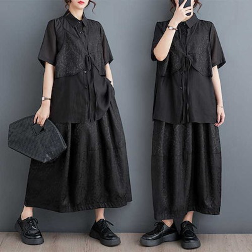 「ファットガール」 2025夏新品 上下セット ブラウス+スカート 大きいサイズ 体型カバー レディース セットアップ メガ割 福袋 T