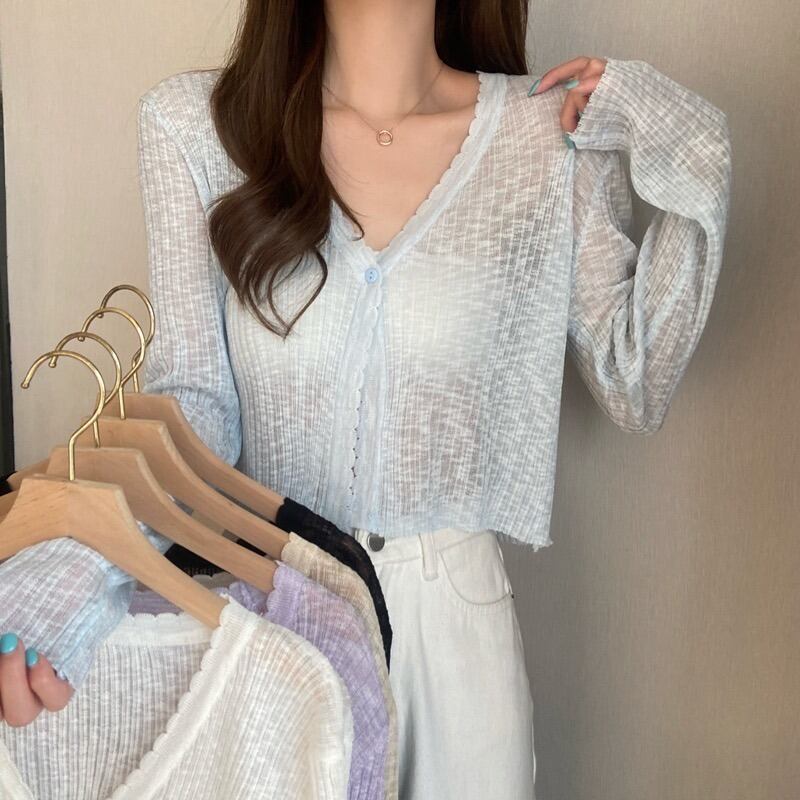 薄手ニットカーディガンサマースタイルVネックシャツ ショートブラウス レディース ロング 夏物 ハンチェンe7197223577