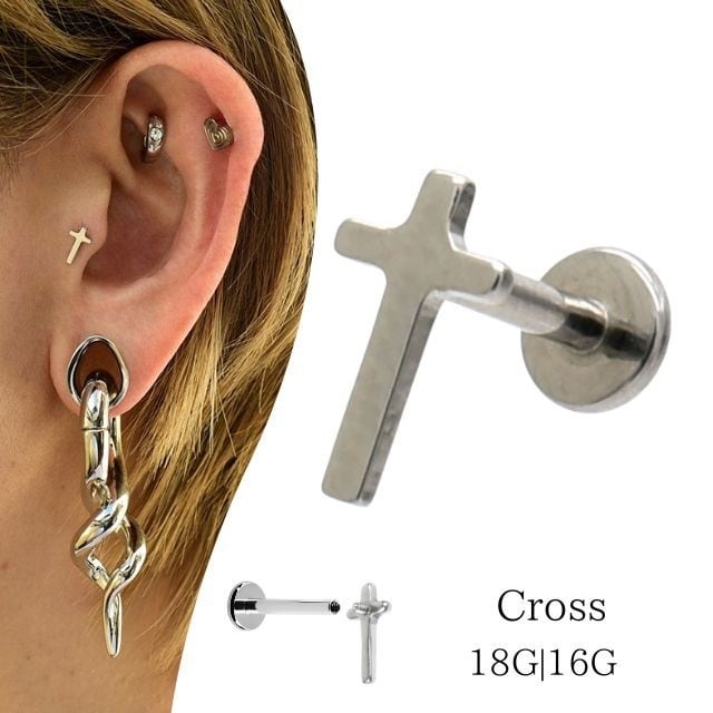 トラガスピアス 金属アレルギー対応 18G 16G クロス 十字架ピアス つけ