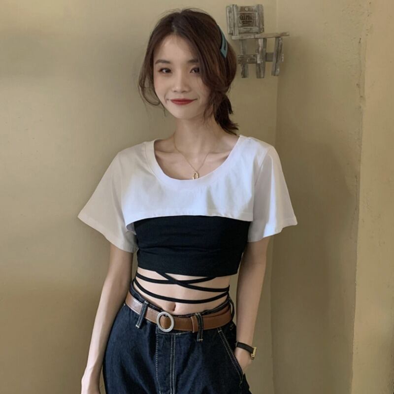 ショートシャツ レディーススプリングオータムスタイルTシャツ トップス レース 春物 秋物 レースアップ 1号婦人15440297128