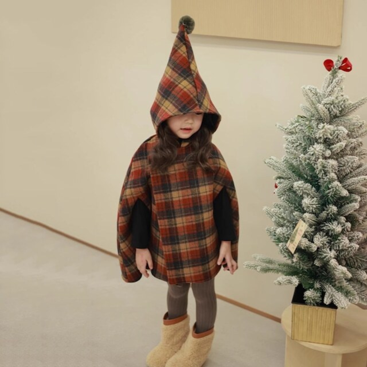 クリスマス尖った帽子チェック柄厚手ラシャコートマント
