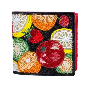 ビーズ刺繍二つ折り財布（#052 黒 フルーツ柄）