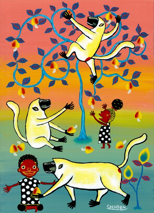 「カシューナッツを収穫するサバンナモンキーと子供たち」キャンバス地レプリカ（A3サイズ）