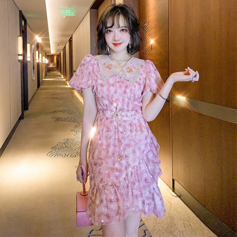 メッシュプリントウェストドレス サマー 夏物 MIUCO32098240734