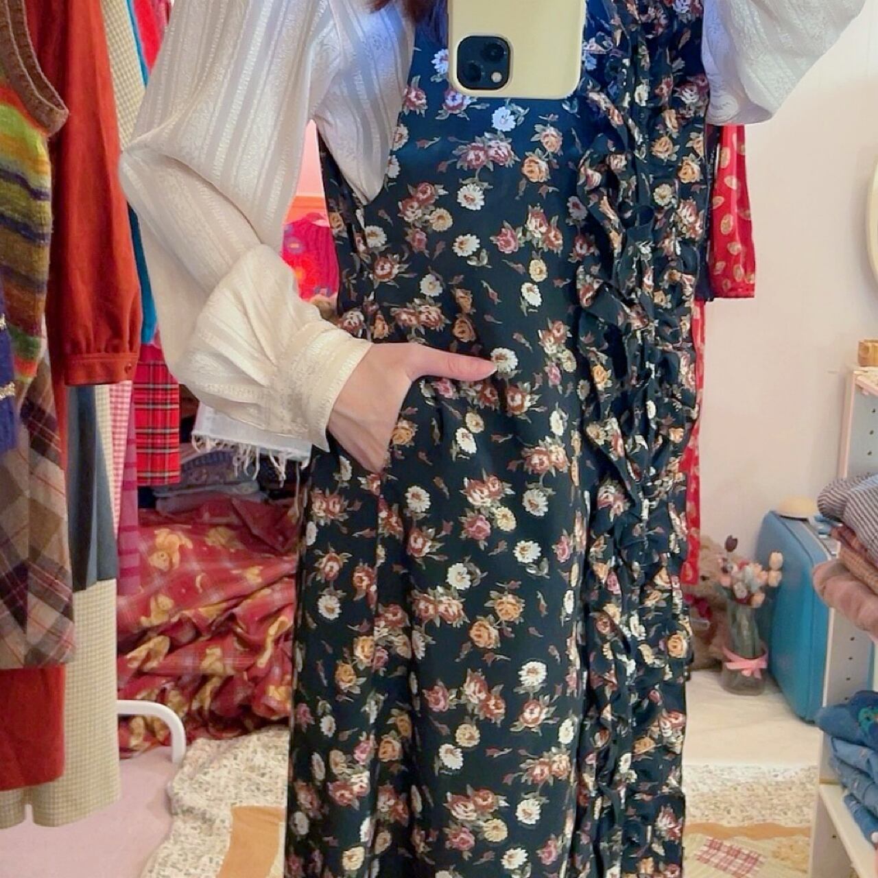 black flower frill button jumper skirt