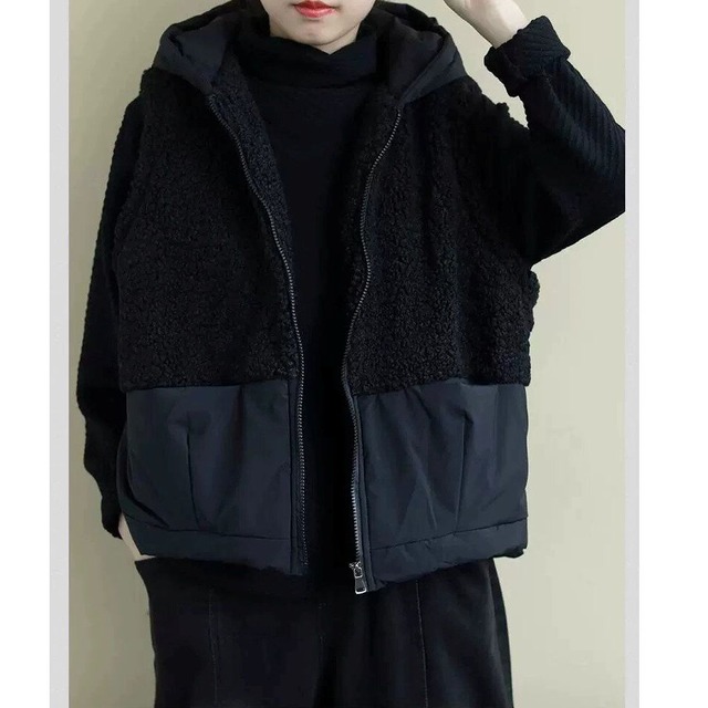 BLACK STITCH HOODED SHERPA FULLZIP VEST JACKET 1color M-14940