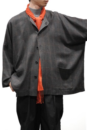 90's "eskandar" Check Pattern Pure Cashmere No-Collar Jacket