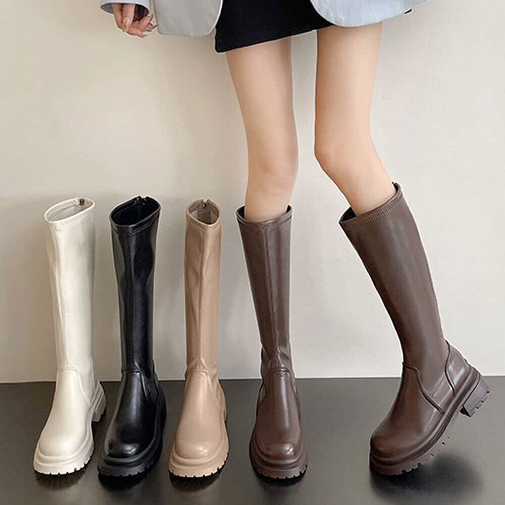 厚底 ロングブーツ レディース 秋冬 韓国 PUレザー ブーツ きれいめ 大人 かわいい 通勤 おしゃれ シンプル バックファスナー 太ヒール 履きやすい 大人可愛い 大人女子