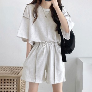 スウェット セットアップ Tシャツ ショートパンツ 2点セット レディース 春夏 韓国 ルームウェア 部屋着 大人 カジュアル ゆったり リラックス 体型カバー ハイウエスト ウエストゴム シンプル 大人可愛い 大人女子
