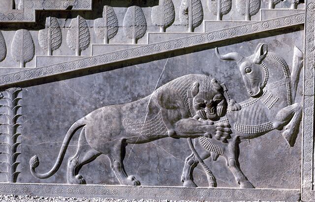 ペルセポリス遺跡 雄牛を襲う 獅子の浮き彫り | フォトライブラリ