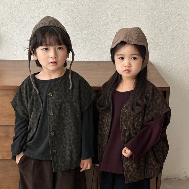 《取寄》 ヒョウ柄ボタンベスト （カーキ／コーヒー） JIAY 2025秋 韓国子供服 アウター ベスト 上着 チョッキ アニマル柄 レオパード （80~140cm）