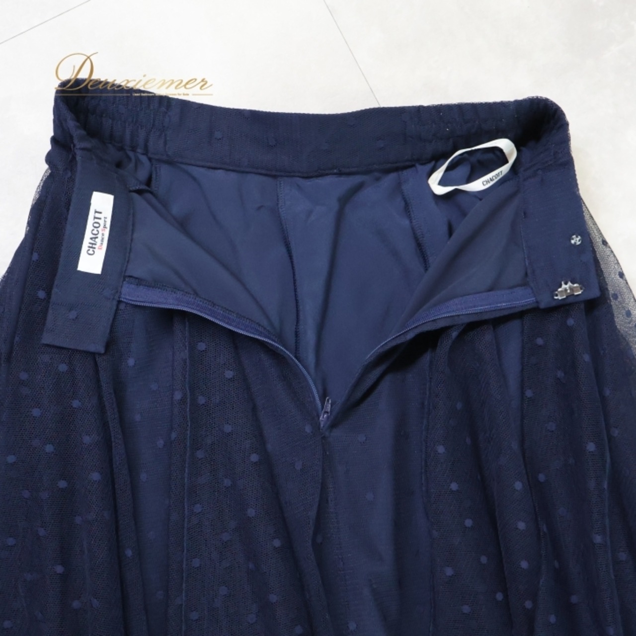 社交ダンス 衣装 スカート ネイビー系 チャコット Chacott 紺 水玉 ドット柄 チュール レッスン 練習 シンプル 上品 透け感 パーティー ダンス衣装 かわいい 落ち着いた色