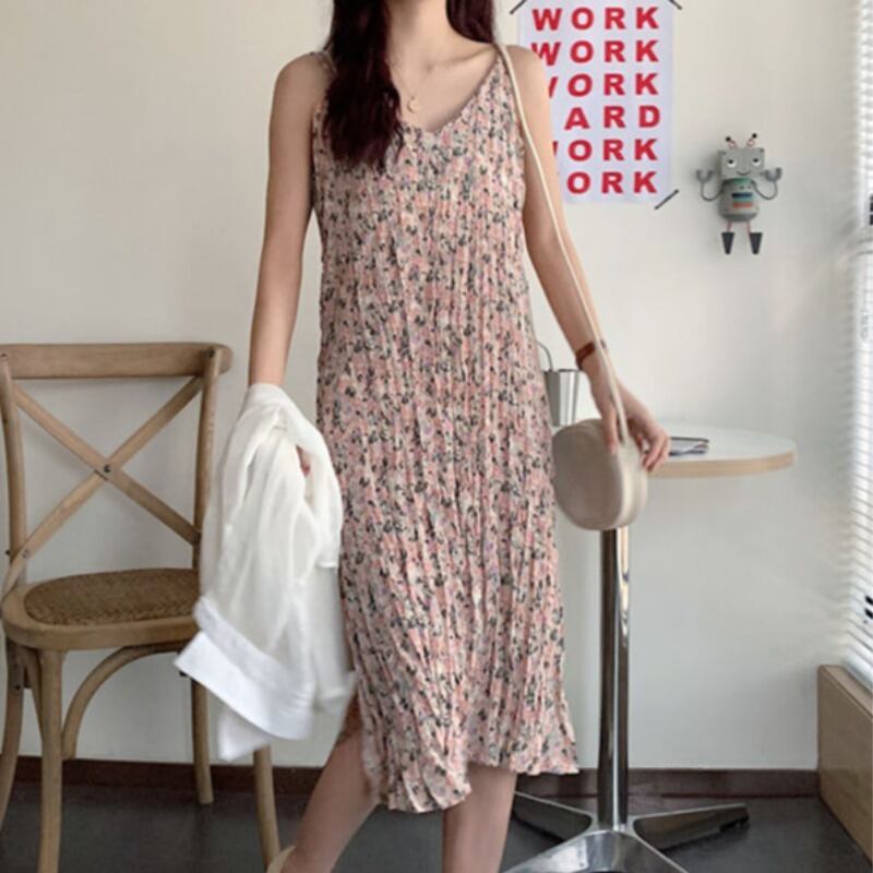 Vネックフローラルドレス スプリングプリーツスカート 大人ガーリー スウィート キュート カジュアル 春物 花柄 YY-ファッション24976227884