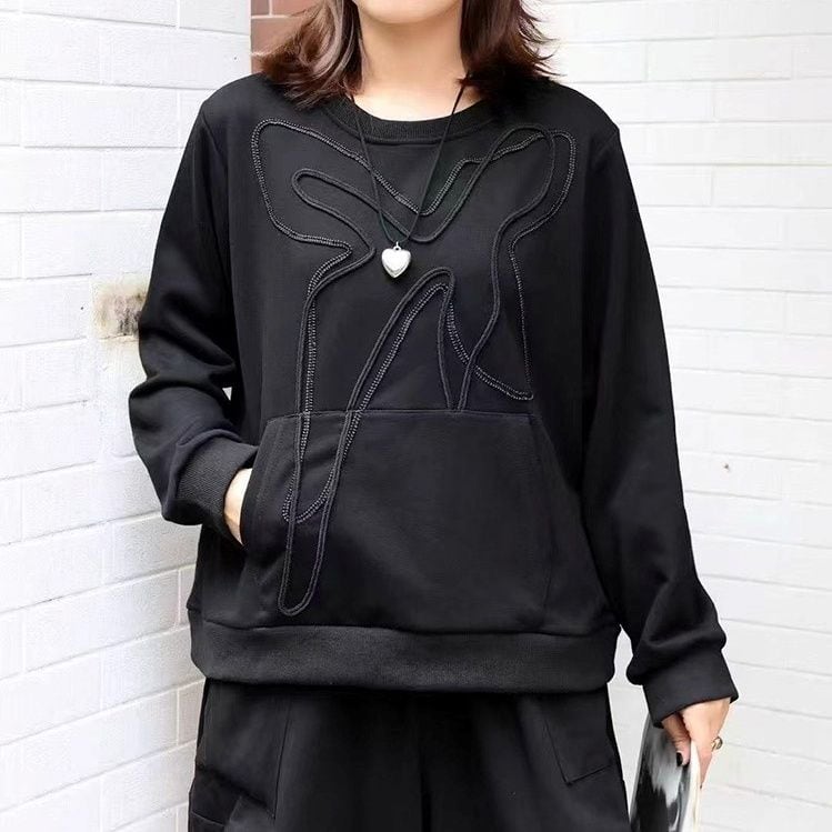 SOLID ROUND NECK RIBBON MOTIF SWEAT SHIRT & BLACK PANTS 3colors M-14783