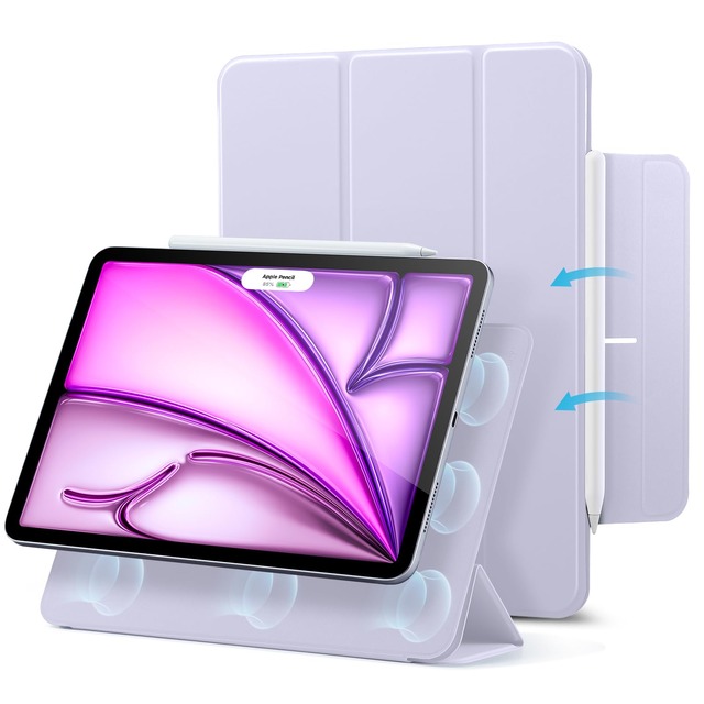 ESR iPad Air 13インチ ケース M4/M3/M2(2026/2025/2024)iPad Pro 12.9 第6/5/4世代(2022/2021/2020)対応 マグネット吸着 三つ折りスタンド スリム設計 Pencil Pro/USB-C対応 自動スリープ/ウェイク 耐衝撃 Reboundシリーズ バイオレット・パープル