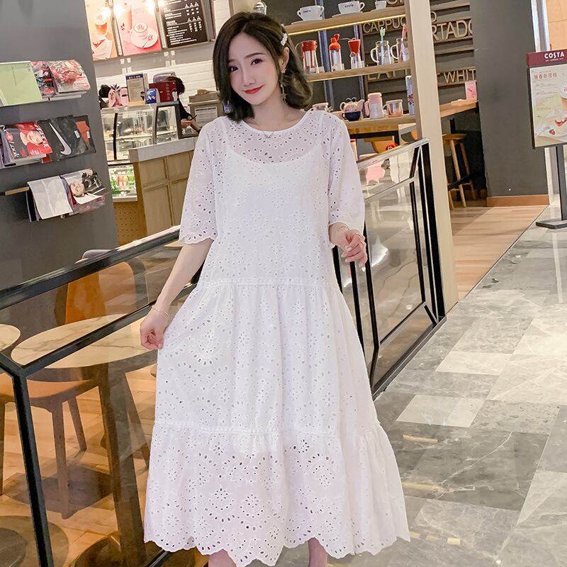 【新作】【送料無料】 マタニティウェア2019夏の新しいファッションコットンとリネン中空ルーズロングラージサイズラウンドネックマタニティドレス-アリババ 大きめサイズ サマー 夏物 Oネック expec236410488162