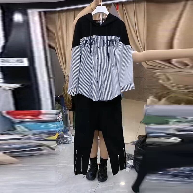 長袖フード付きストライプシャツレディース秋服2020ニュースタイルプラスサイズレディースファットmm秋の服レディースパンツトップウエスタンスタイル ミックスインファッション32798540598