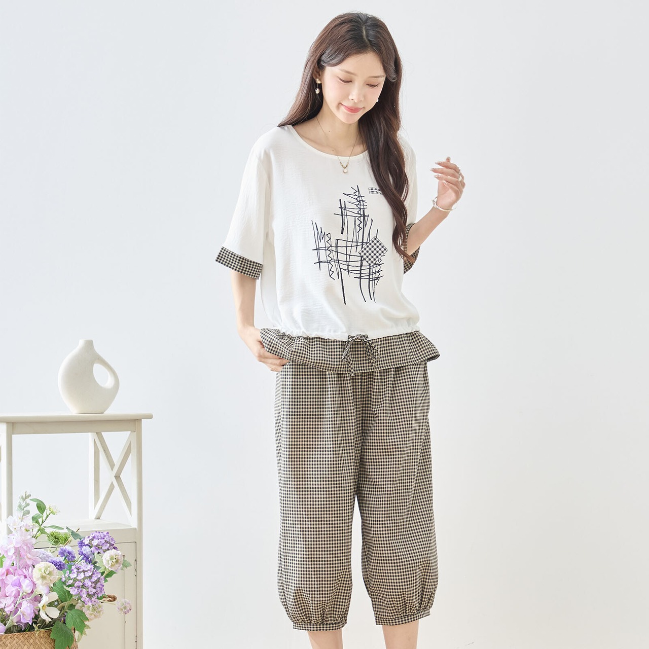 TRUBE [2点セット]ギンガムチェック×ラインプリント上下セットアップ【M~L】ホワイト