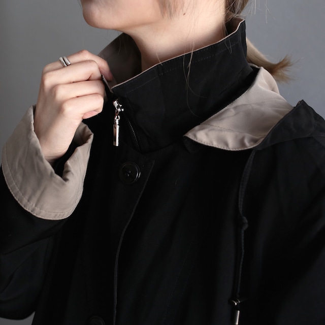 zip-up and button high-neck coat with hoodie and liner