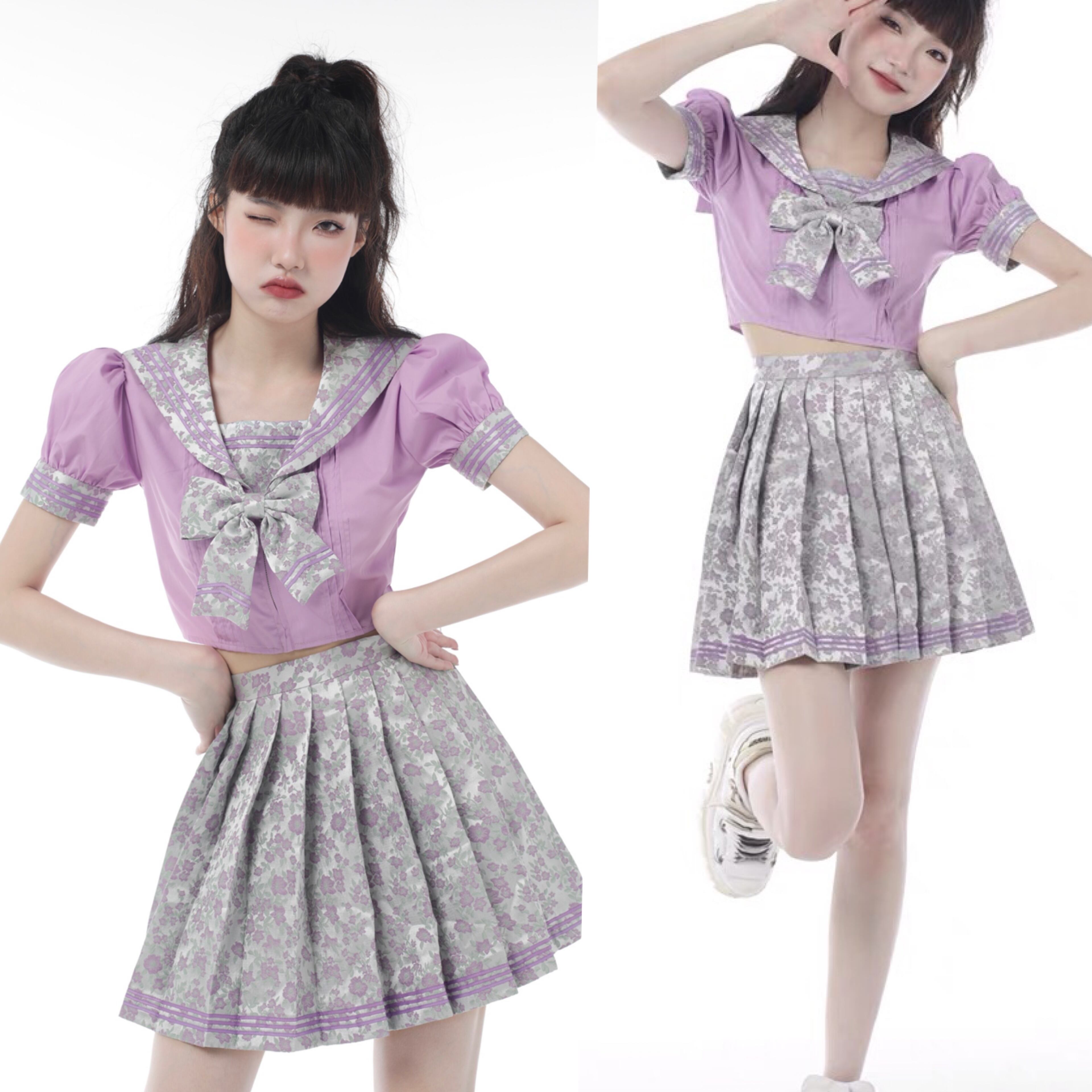 スカート 】制服 パープル 紫 リボン セーラー服 リボン ピンク フリル 