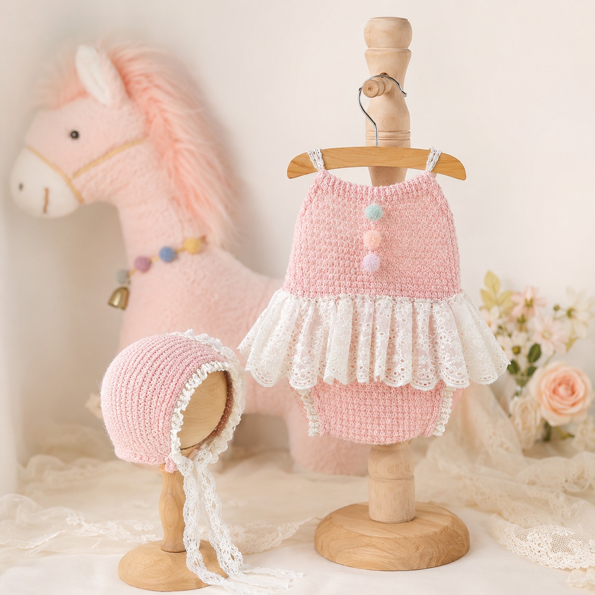 5.Petit Carousel Set｜レースフリル ニットロンパース＆ボンネット