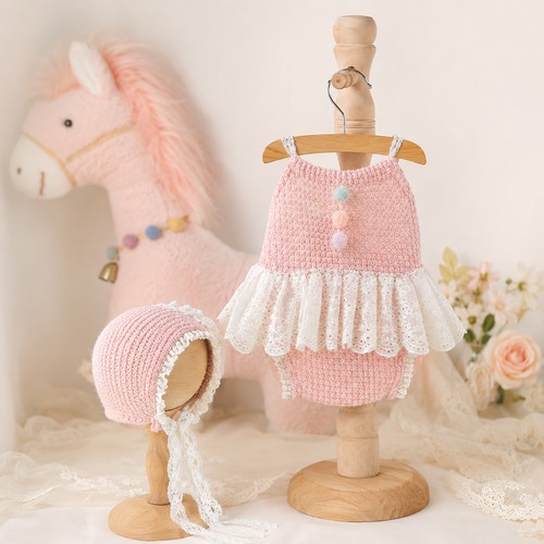 5.Petit Carousel Set｜レースフリル ニットロンパース＆ボンネット＆ポニー 3点セット