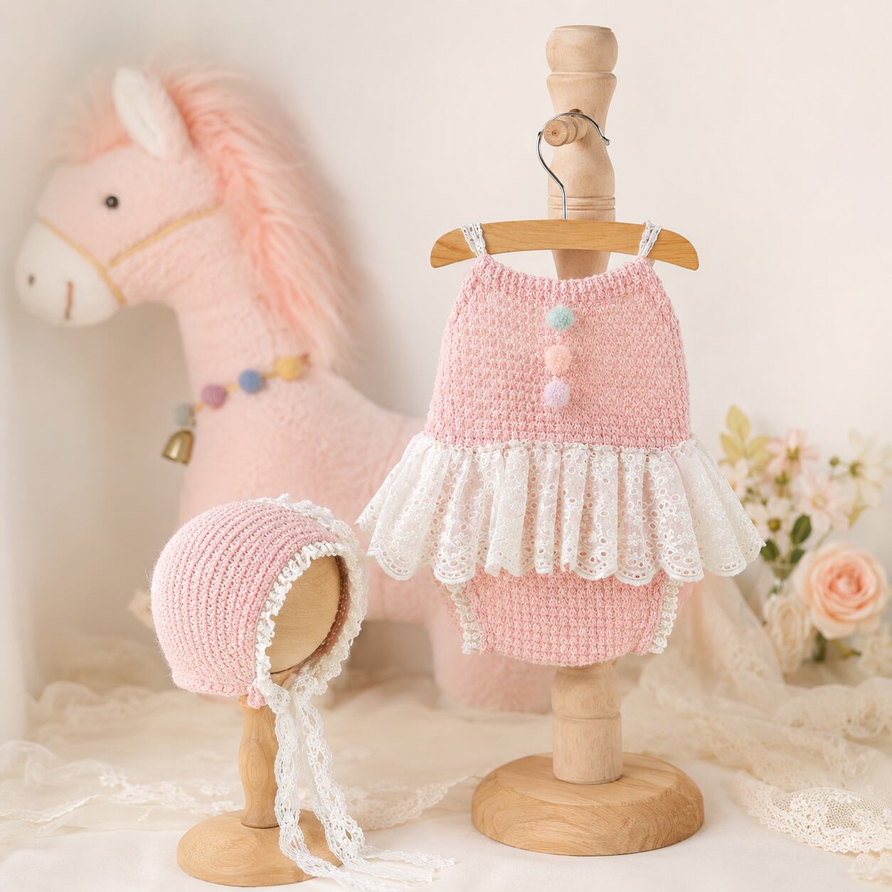 5.Petit Carousel Set|レースフリル ニットロンパース&ボンネット&ポニー 3点セット