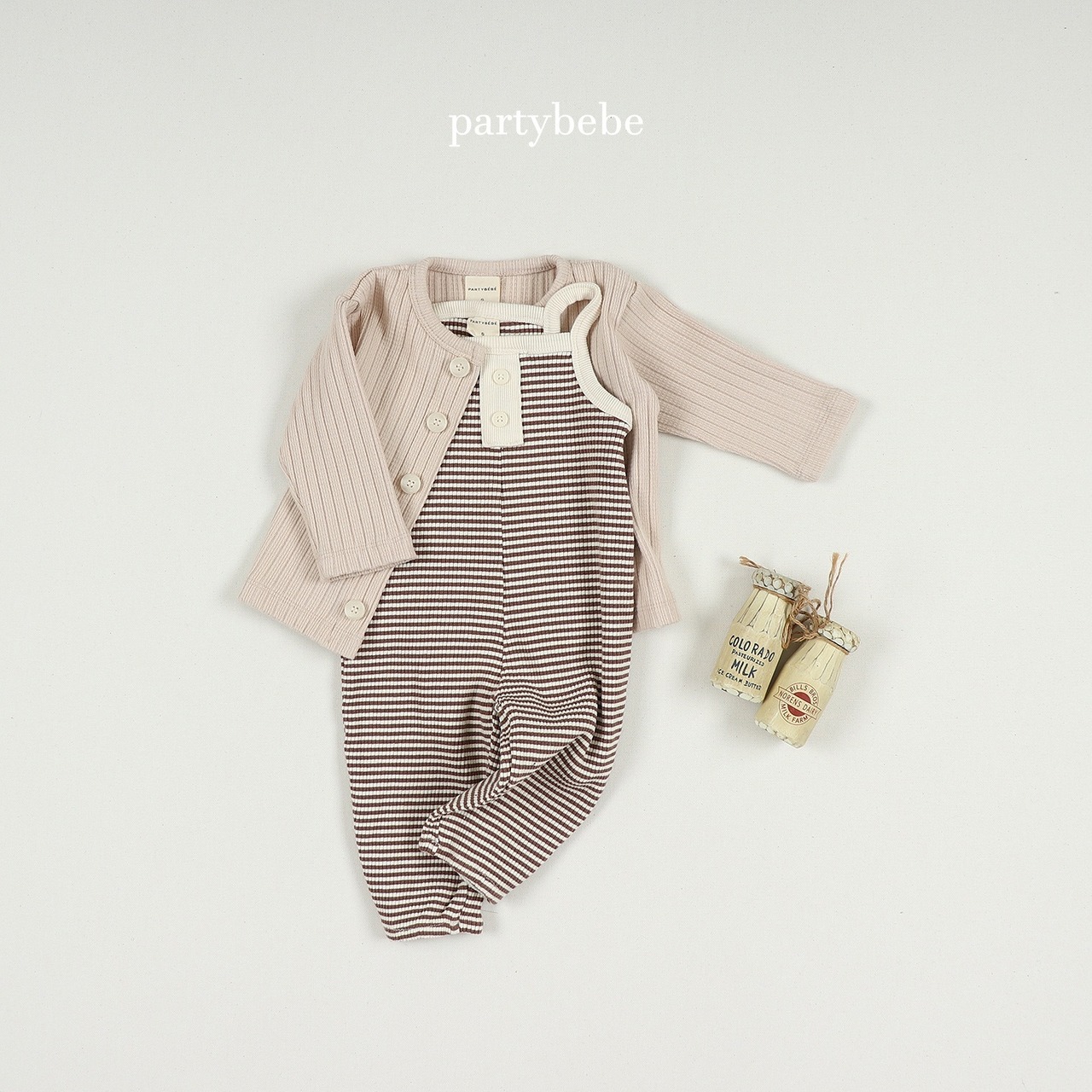 【Party bebe】 ボーダーヘンリーロンパース／ブラウン（80~90cm) - 1