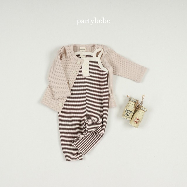 【Party bebe】 ボーダーヘンリーロンパース／ブラウン（80~90cm)